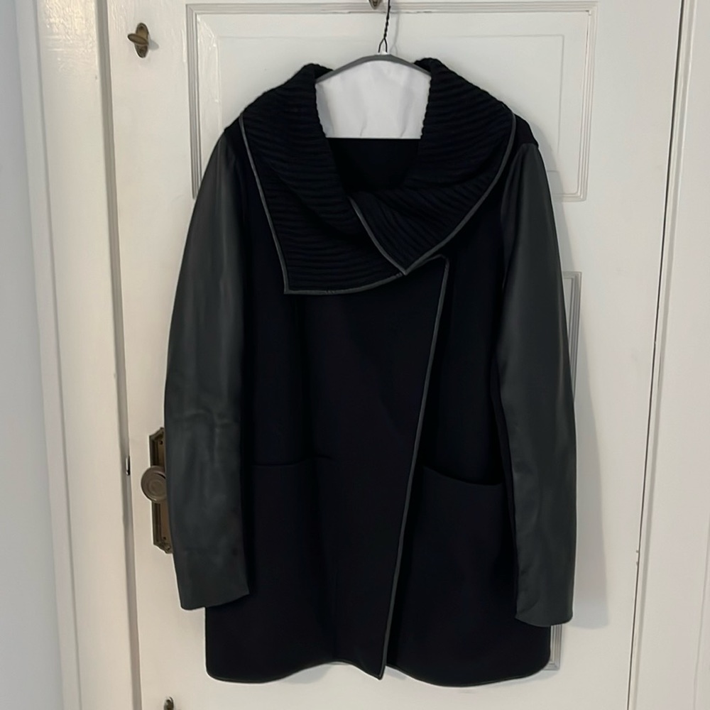Mackage Wool Wrap Jacket with Cowl Neck & Leather Sleeves